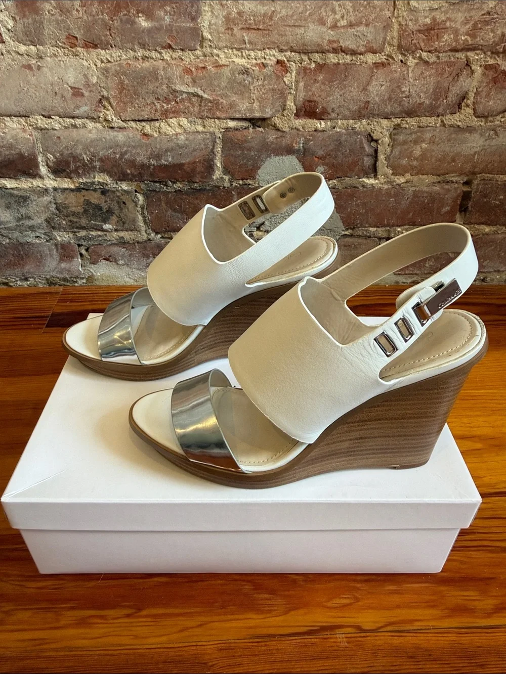 Calvin Klein White and Silver Wedge Sandals with Wood-Look Heel